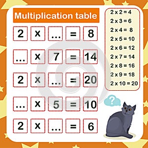 Vector illustration of the multiplication table by 2 with a task to consolidate photo